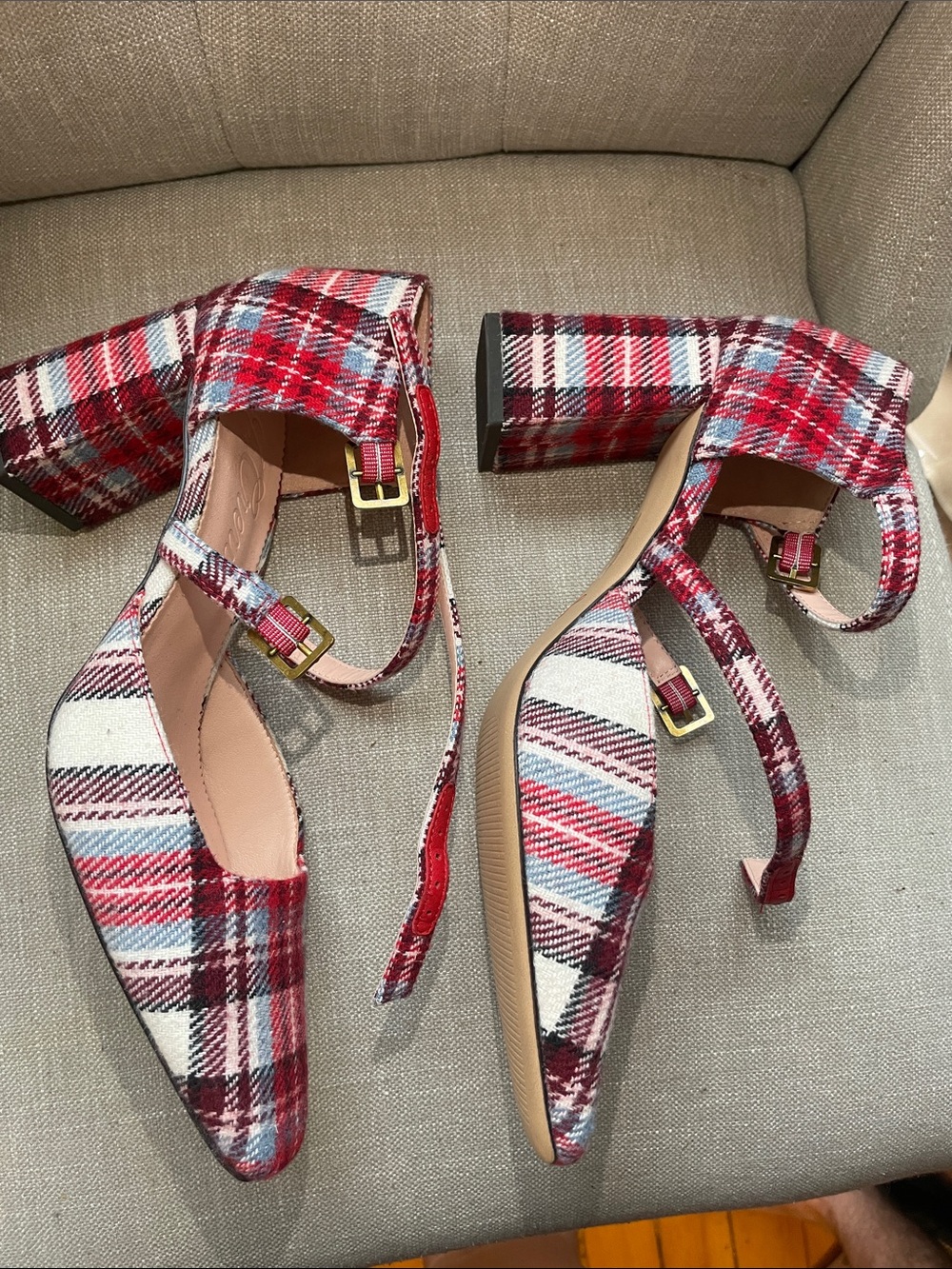 JCrew Plaid Red Multi Ankle-Strap Women’s Block Heels - Picture 4 of 7